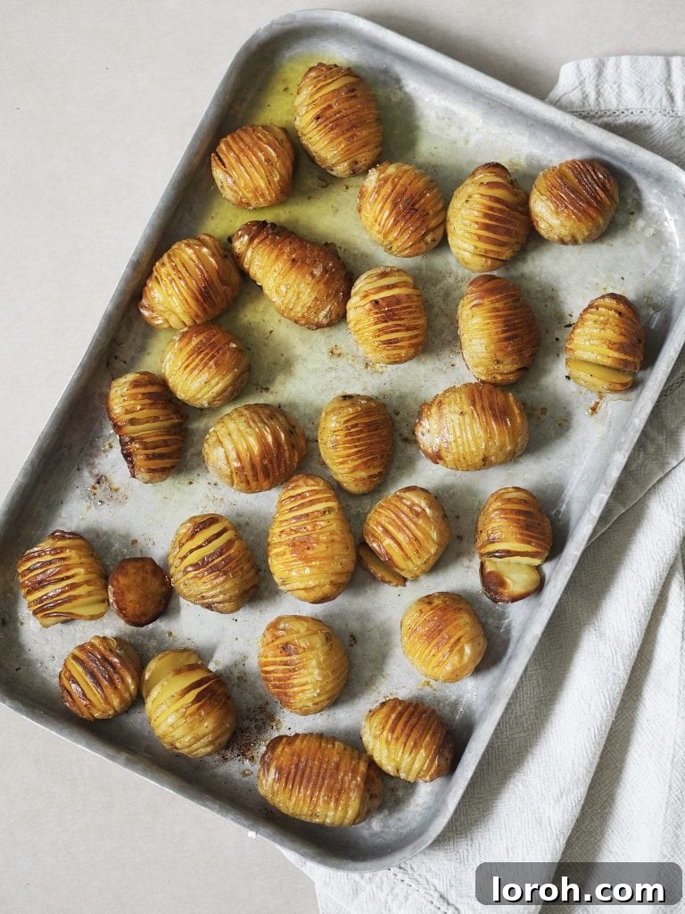 Golden Hasselback with Vibrant Salsa Verde & Tangy Labneh 6 Perfectly roasted golden and crispy hasselback potatoes on a baking sheet.