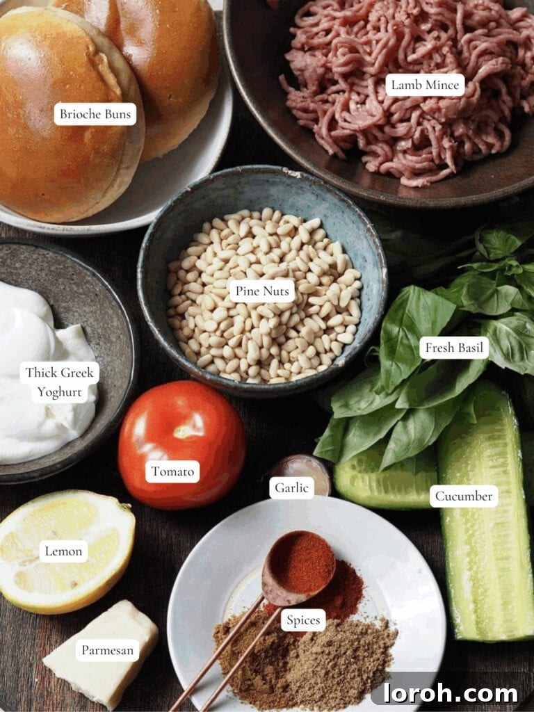 Lamb Burgers: A Fresh Mediterranean-Italian Blend 4 Collection of fresh ingredients for lamb burgers, tzatziki, and pesto.