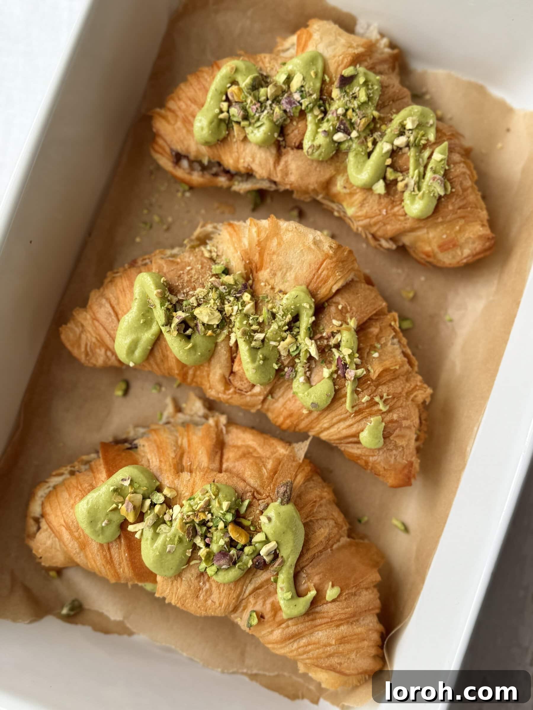 Handcrafted Pistachio Croissant with Rich Homemade Cream 4 Three pistachio croissants arranged neatly in a ceramic baking dish, ready to be served or enjoyed warm.