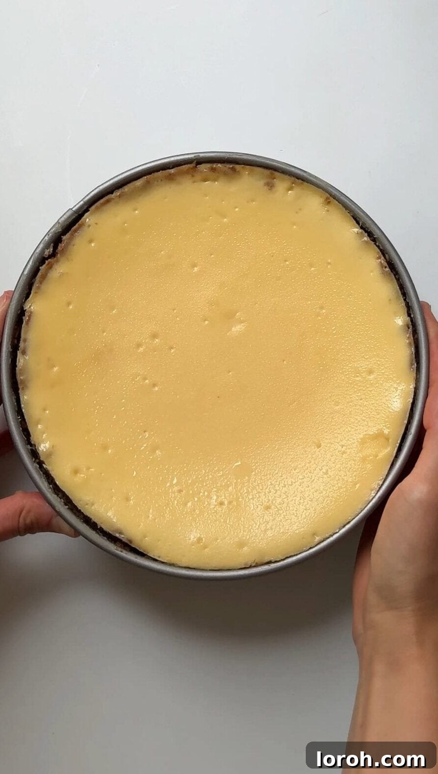 Golden Torched Cheesecake 11 Baked cheesecake cooling in the springform pan after being removed from the oven.