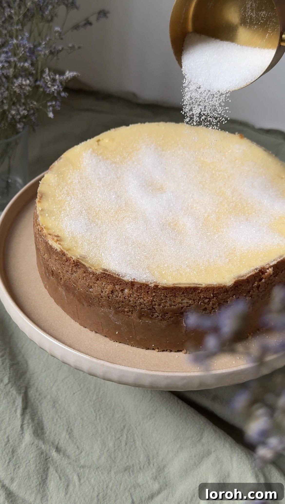 Golden Torched Cheesecake 12 Evenly sprinkling granulated sugar over the chilled crème brûlée cheesecake.