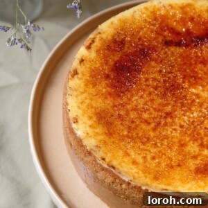 creme brulee cheesecake on pink plate