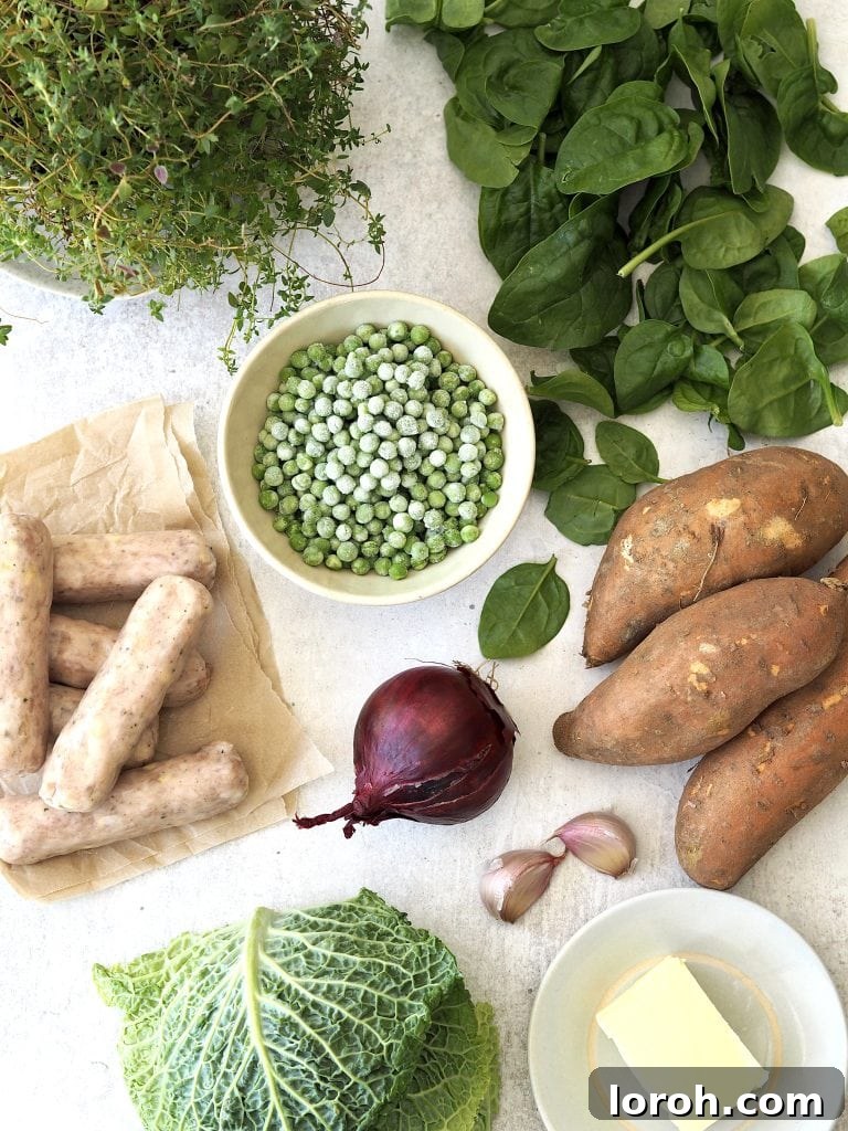 Ingredients to make sausage and sweet potato mash with greens and garlic thyme butter.