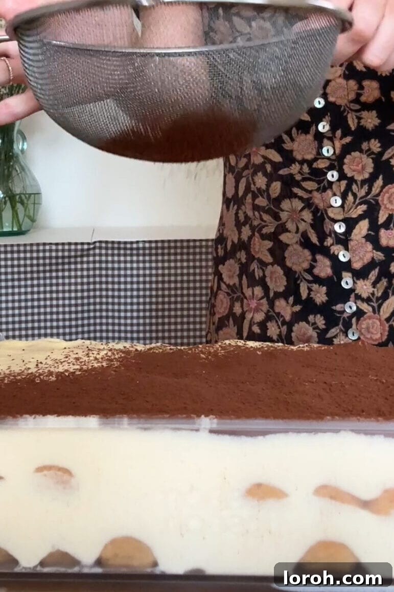 Dusting the top of the chilled Baileys Tiramisu with a fine layer of unsweetened cocoa powder just before serving.
