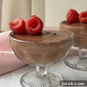 chocolate protein mousse in a glass coupe with raspberries on top