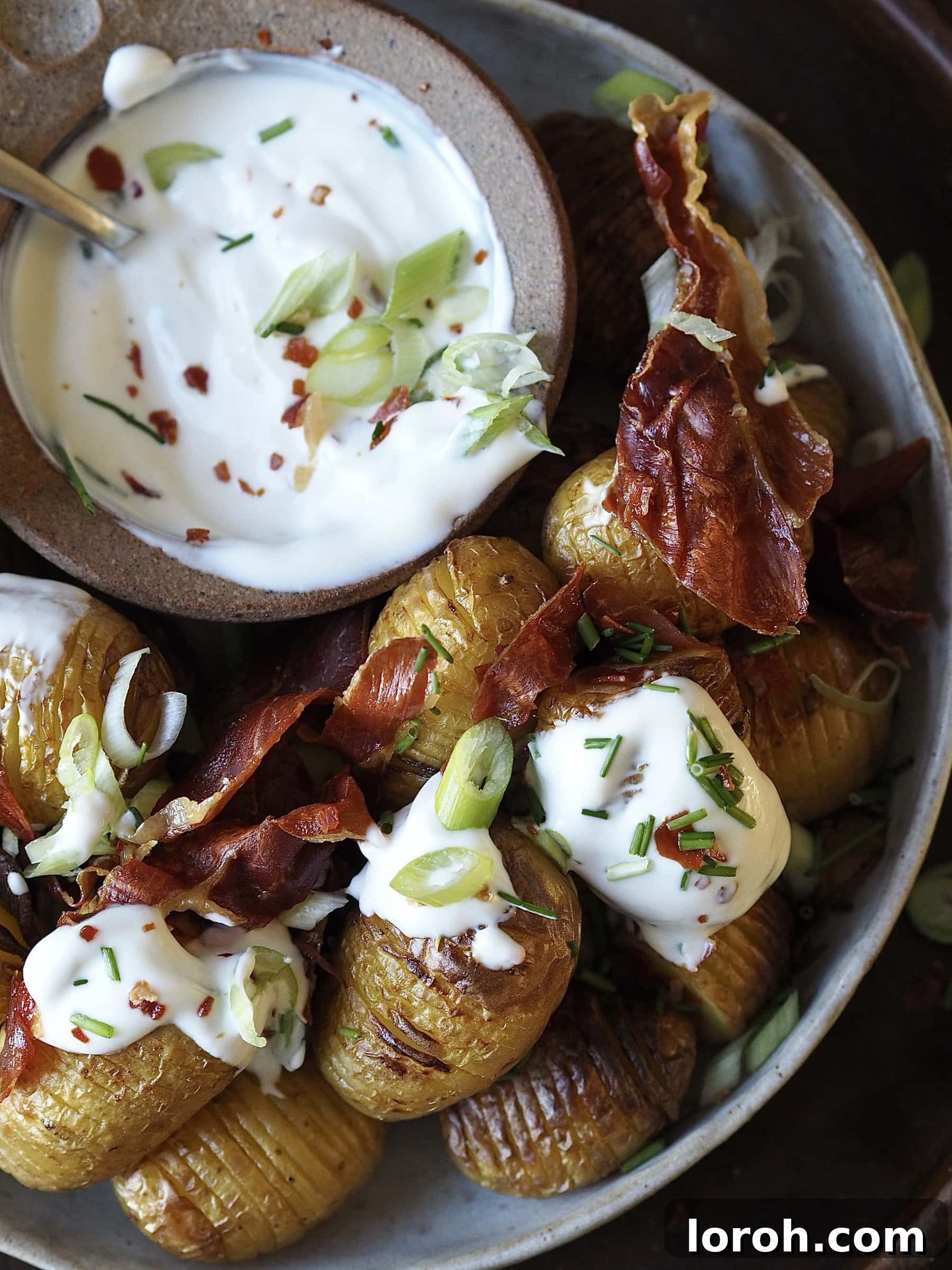 Air Fried Accordion Potatoes 8 Assembled Air Fryer Hasselback Potatoes with crispy bacon, spring onions, and chives