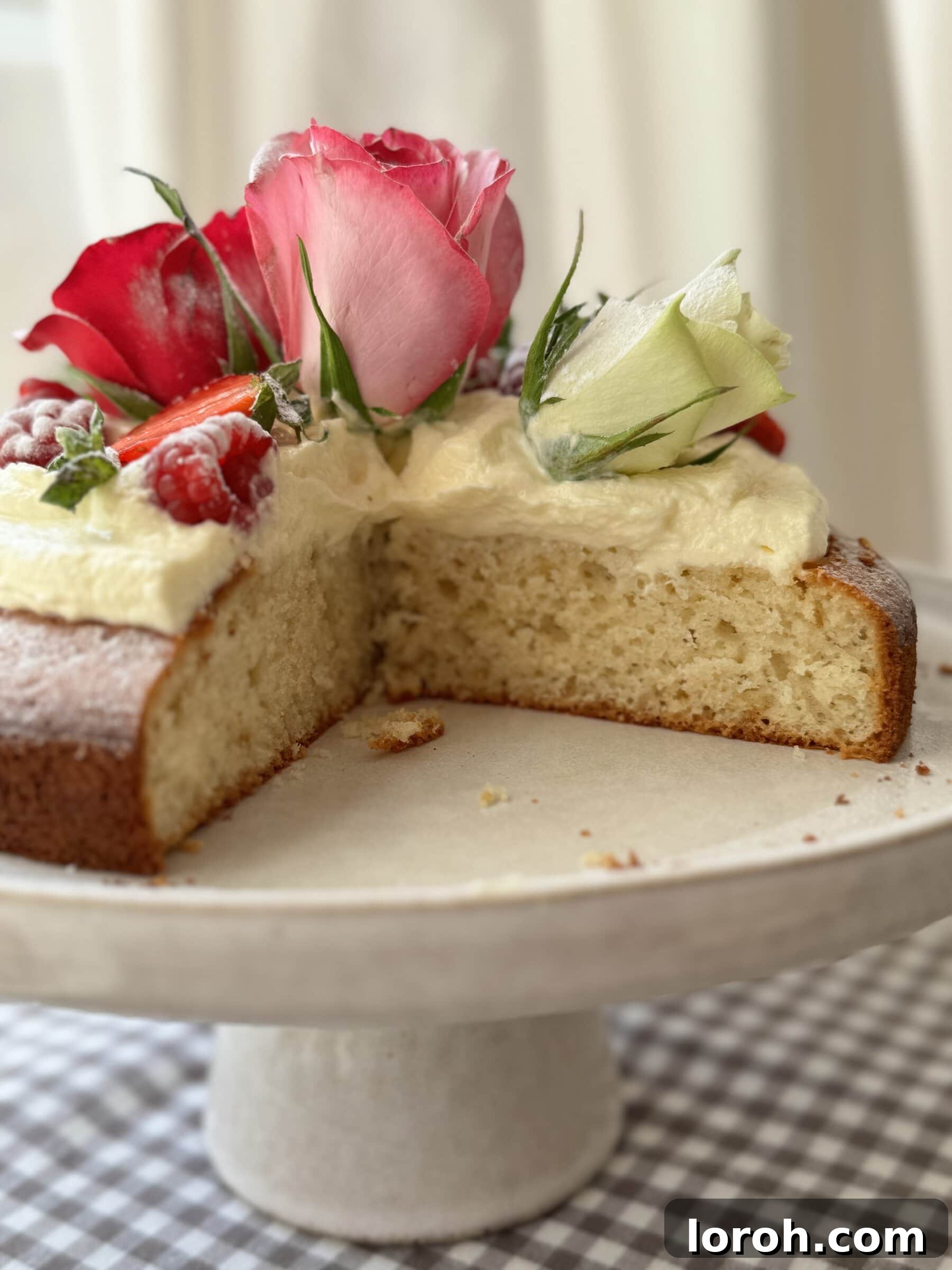French Yogurt Cake The Easiest No Measure Treat 2 Gâteau au yaourt on cake stand, dusted with icing sugar and adorned with fresh berries.
