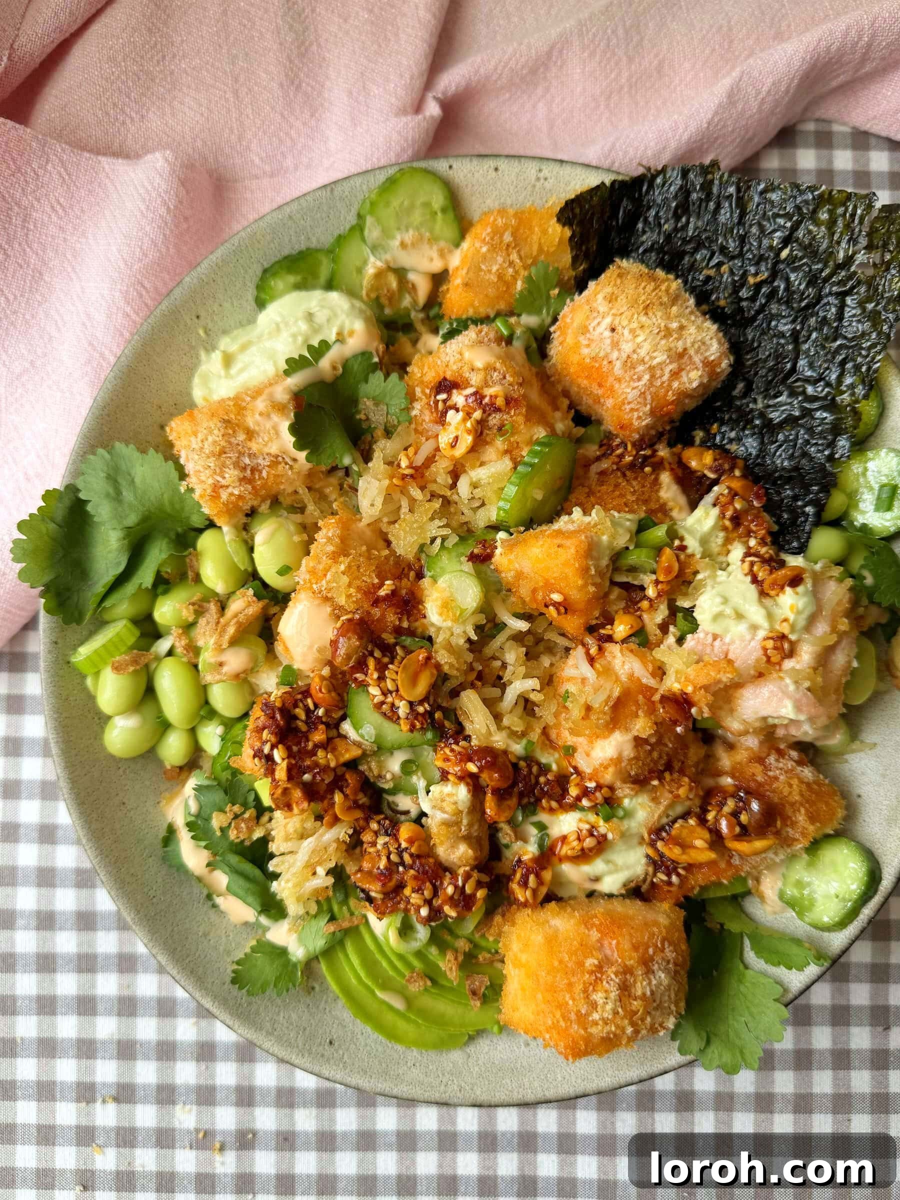 Salmon Crunch Bowl 2 Crunchy Salmon Roll (in a bowl) with edamame and chilli oil.