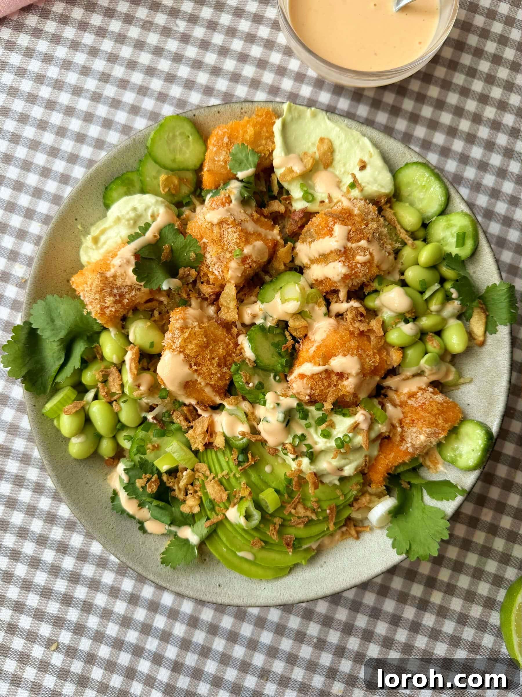 Salmon Crunch Bowl 3 Crunchy Salmon Roll (in a bowl) with edamame and chilli oil.