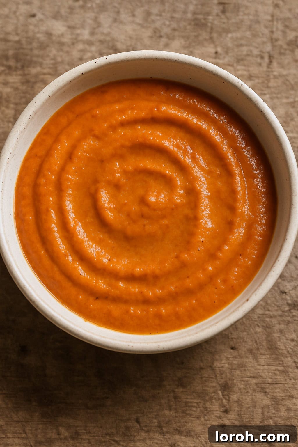 Velvety Roasted Red Pepper Sauce 2 A bowl of vibrant, creamy roasted red bell pepper sauce, garnished with fresh herbs, ready to be served.