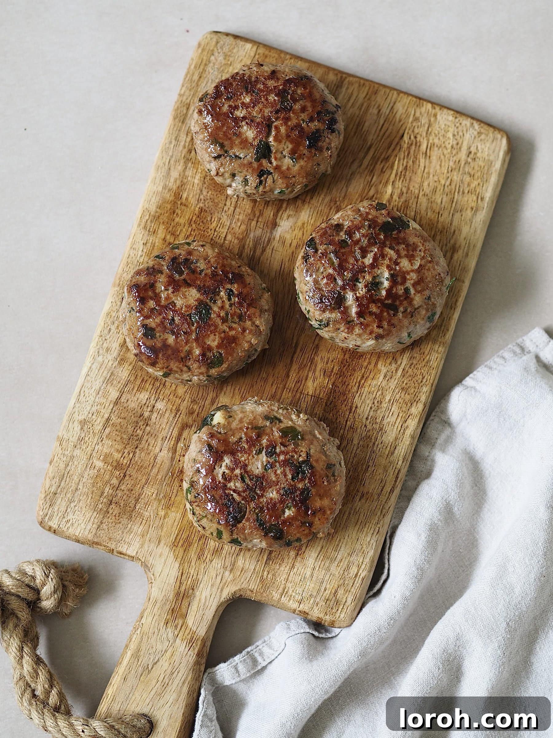 Four golden-brown, cooked chicken burgers displayed on a rustic wooden serving board, perfectly seared.