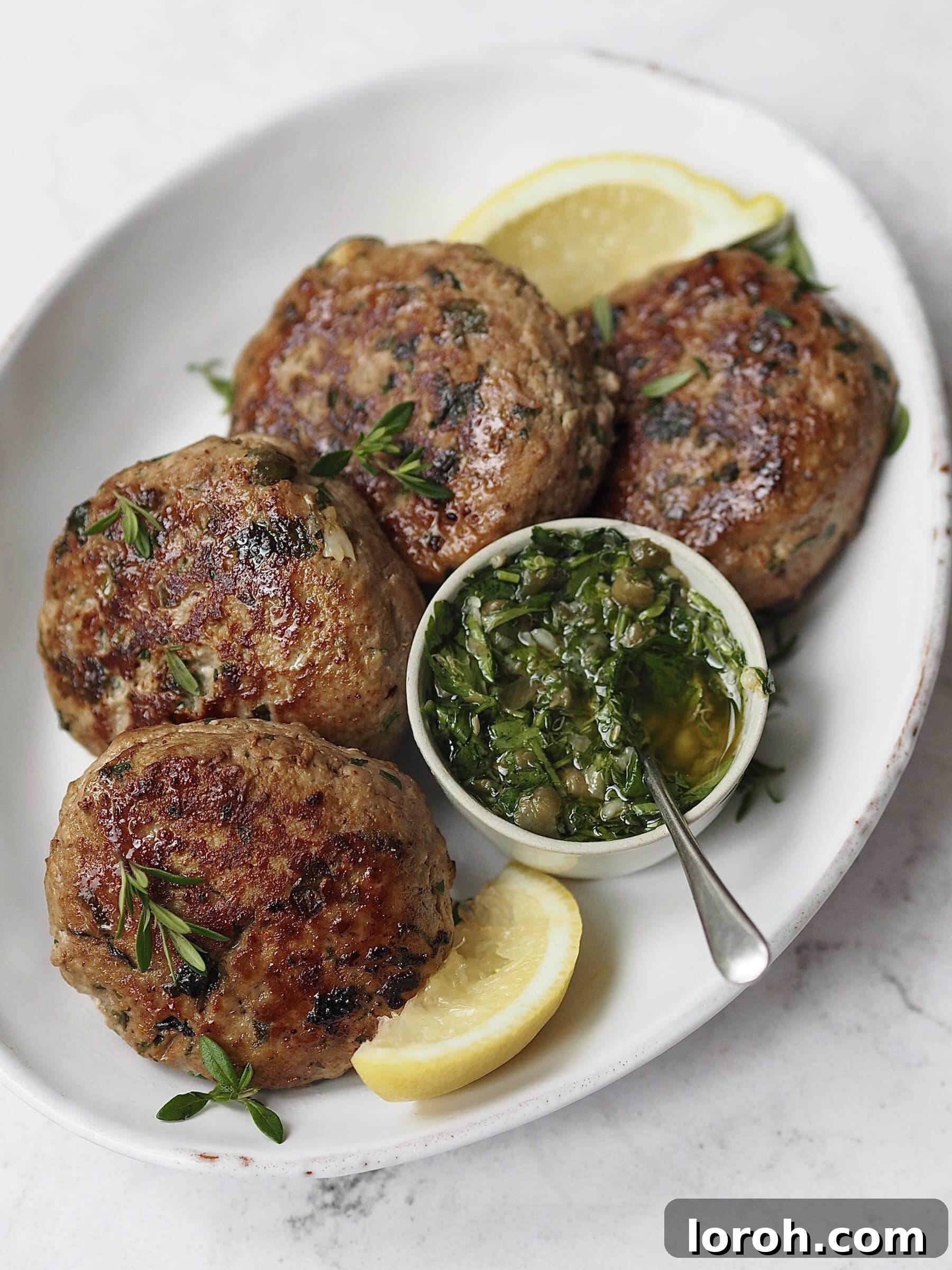 A white serving platter showcasing cooked chicken burgers garnished with fresh lemon wedges and herbs, alongside a small bowl of extra salsa verde.