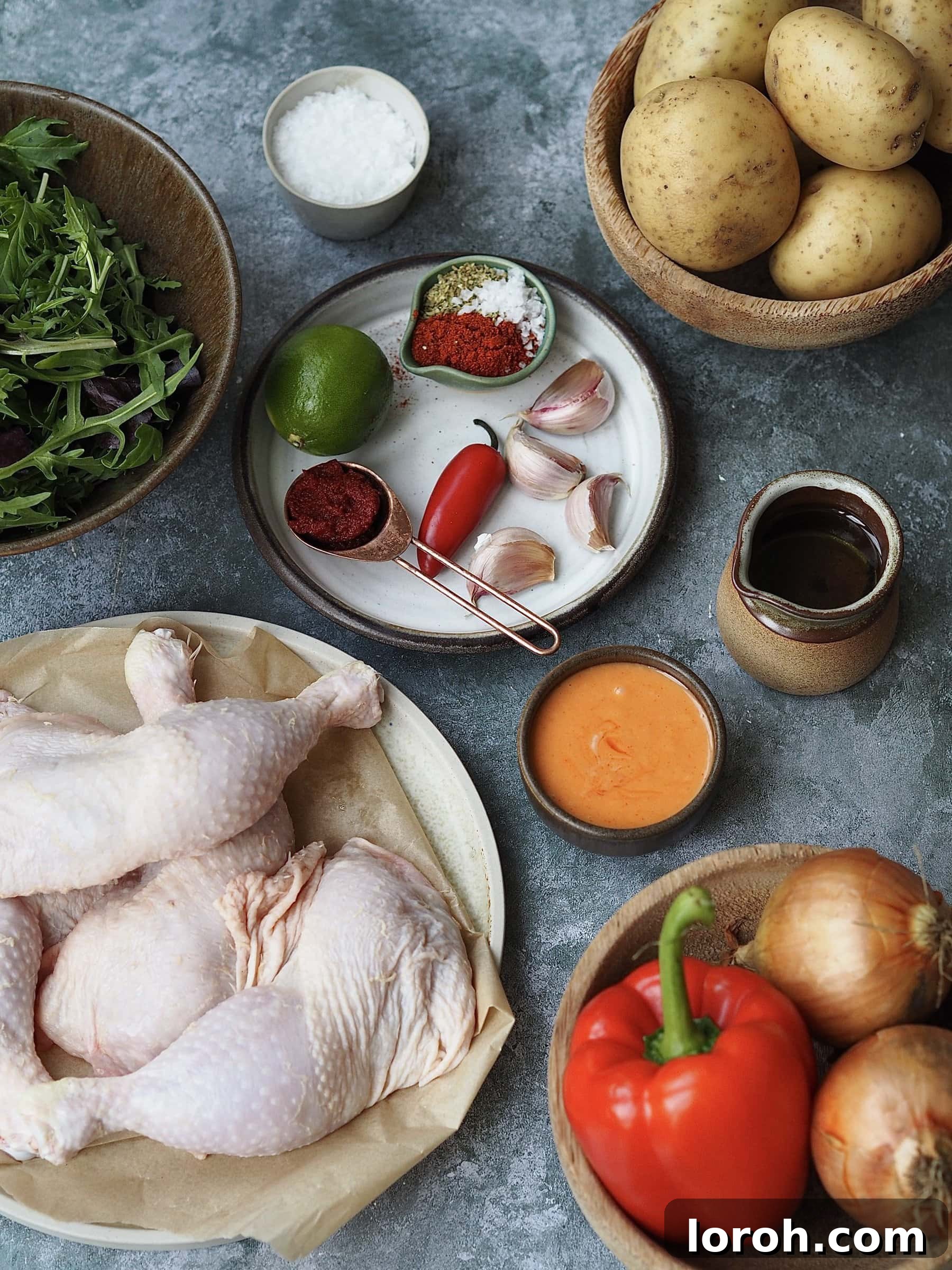 Zesty Peri Peri Chicken with Golden Potato Wedges 3 Measured out ingredients to make peri peri chicken, potato wedges and sriracha mayonnaise.
