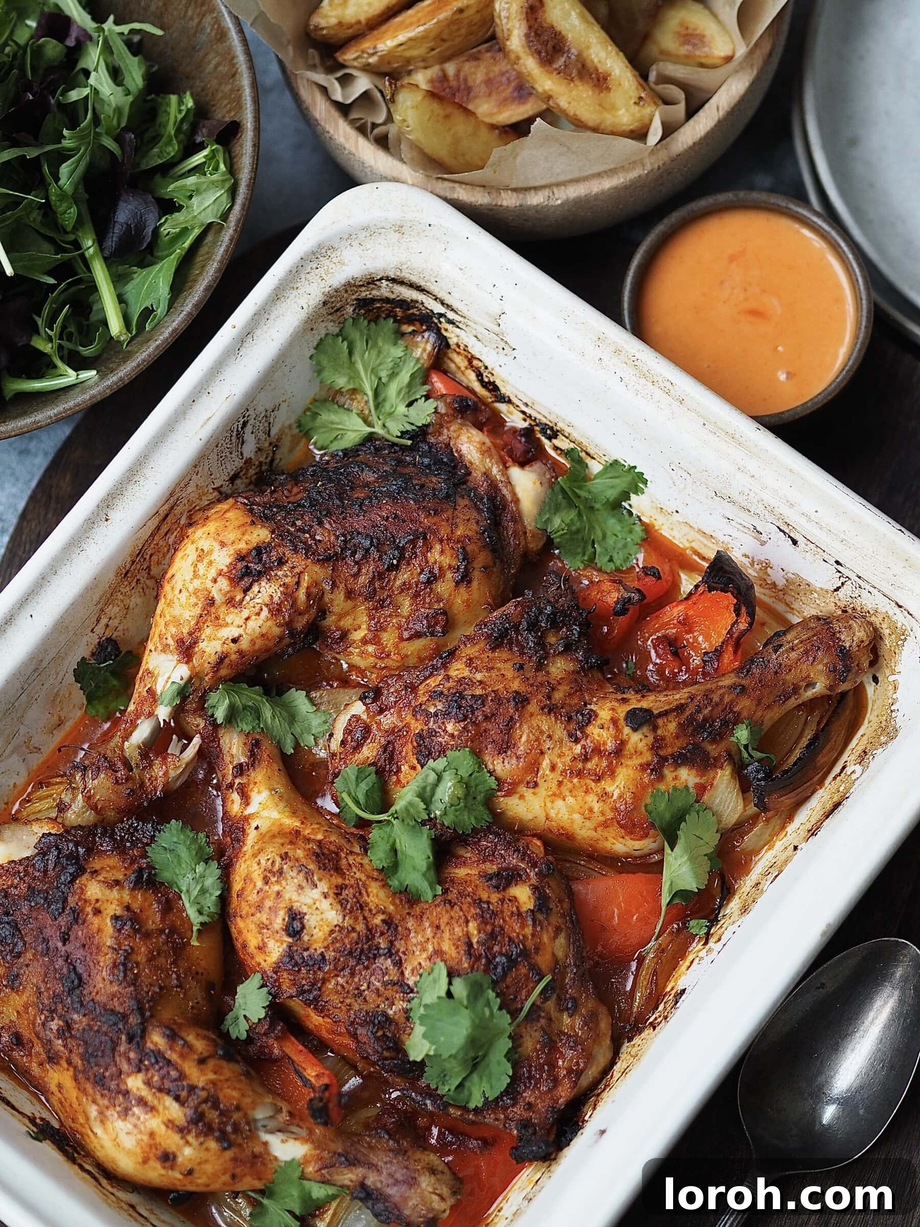 Zesty Peri Peri Chicken with Golden Potato Wedges 9 Close up of a white roasting dish with peri peri chicken legs garnished with fresh herbs, with bowls of potato wedges, sriracha mayo and green salad leaves off to one side.