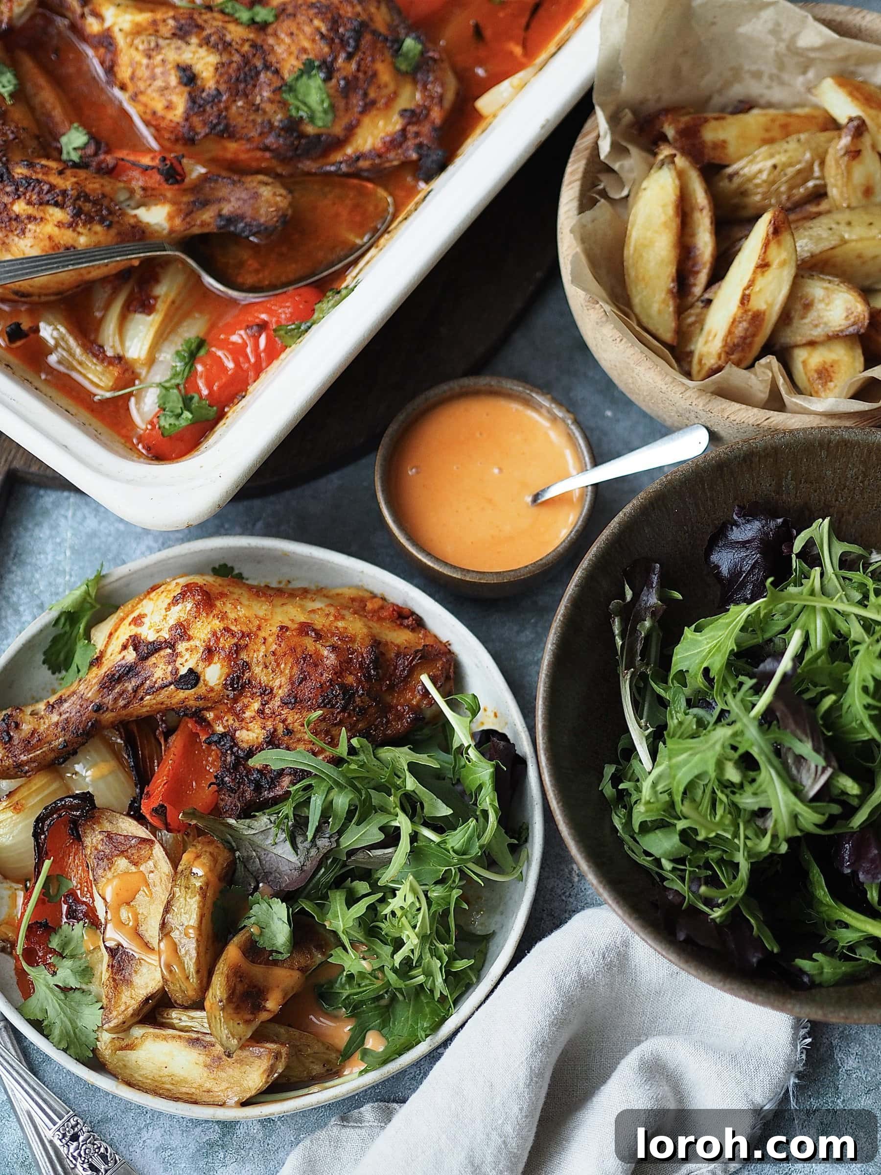 Zesty Peri Peri Chicken with Golden Potato Wedges 10 Peri Peri Chicken being plated up with potato wedges, salad and sriracha mayonnaise.