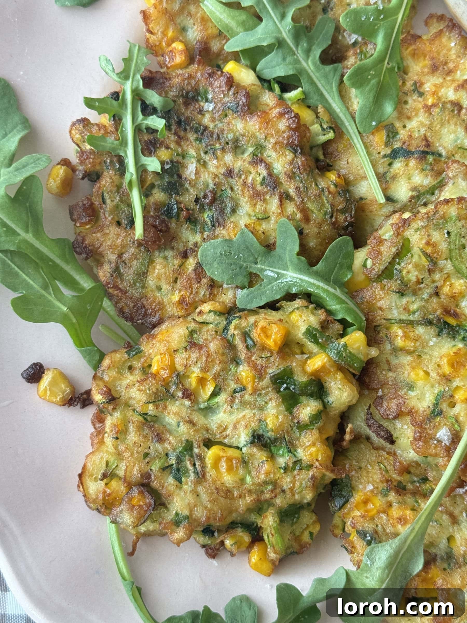 Two courgette corn fritters on a plate with a dollop of sriracha mayonnaise and fresh rocket leaves.