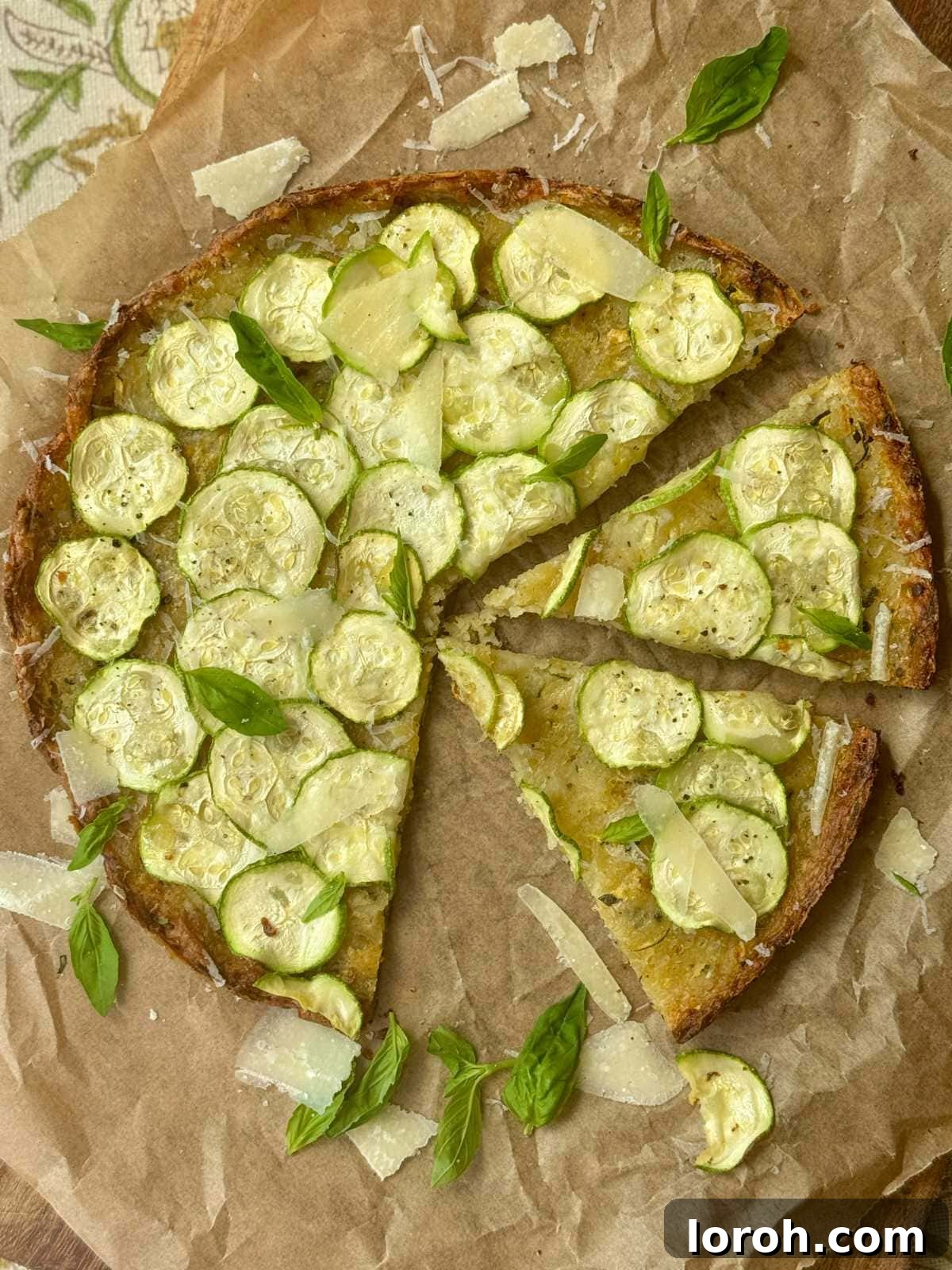 Rustic Italian Zucchini Tart 2 Golden brown Scarpaccia, an Italian zucchini and potato tart, resting on a rustic wooden board, ready to be served.