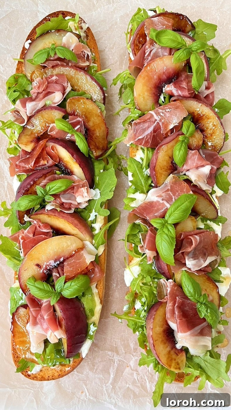 grilled peach and burrata salad on ciabatta. A close-up shot of a gourmet appetizer on a rustic wooden board, showing vibrant colors and textures.