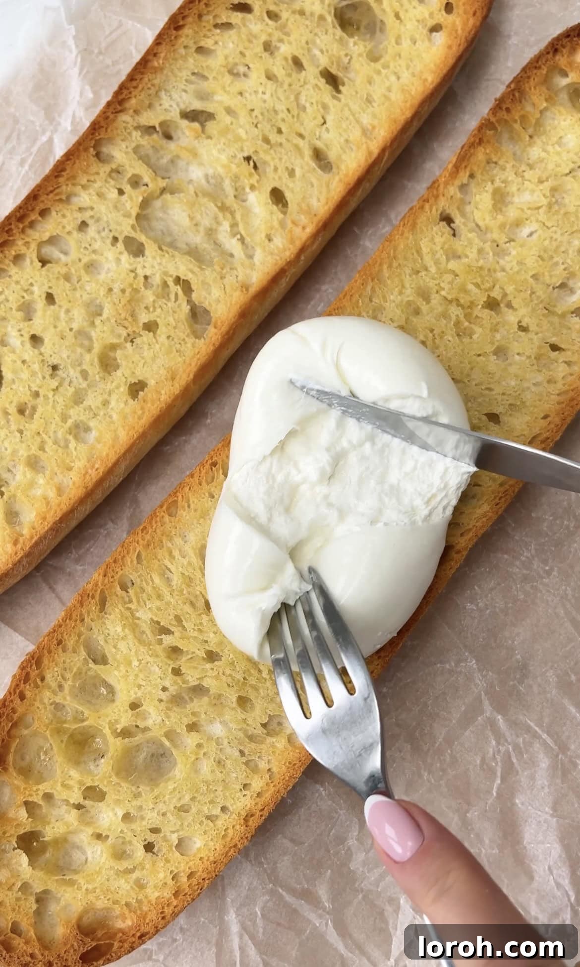 smoothing burrata on ciabatta. A hand gently spreading creamy burrata cheese onto perfectly toasted ciabatta bread, revealing its luscious interior.