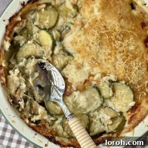 Gratin de Courgettes, a creamy zucchini gratin in an enamel baking dish.