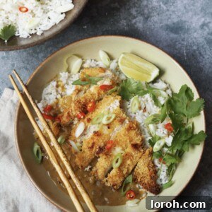 An inviting overhead view of a perfectly plated chicken katsu and curry sauce rice bowl, set against a stylish grey stone background, showcasing the vibrant colours and appealing textures of the dish.
