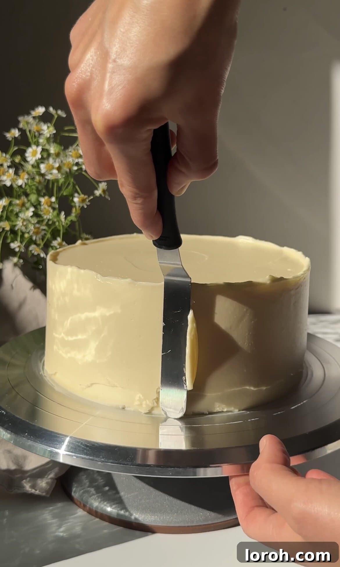smoothing swiss buttercream on the cake.