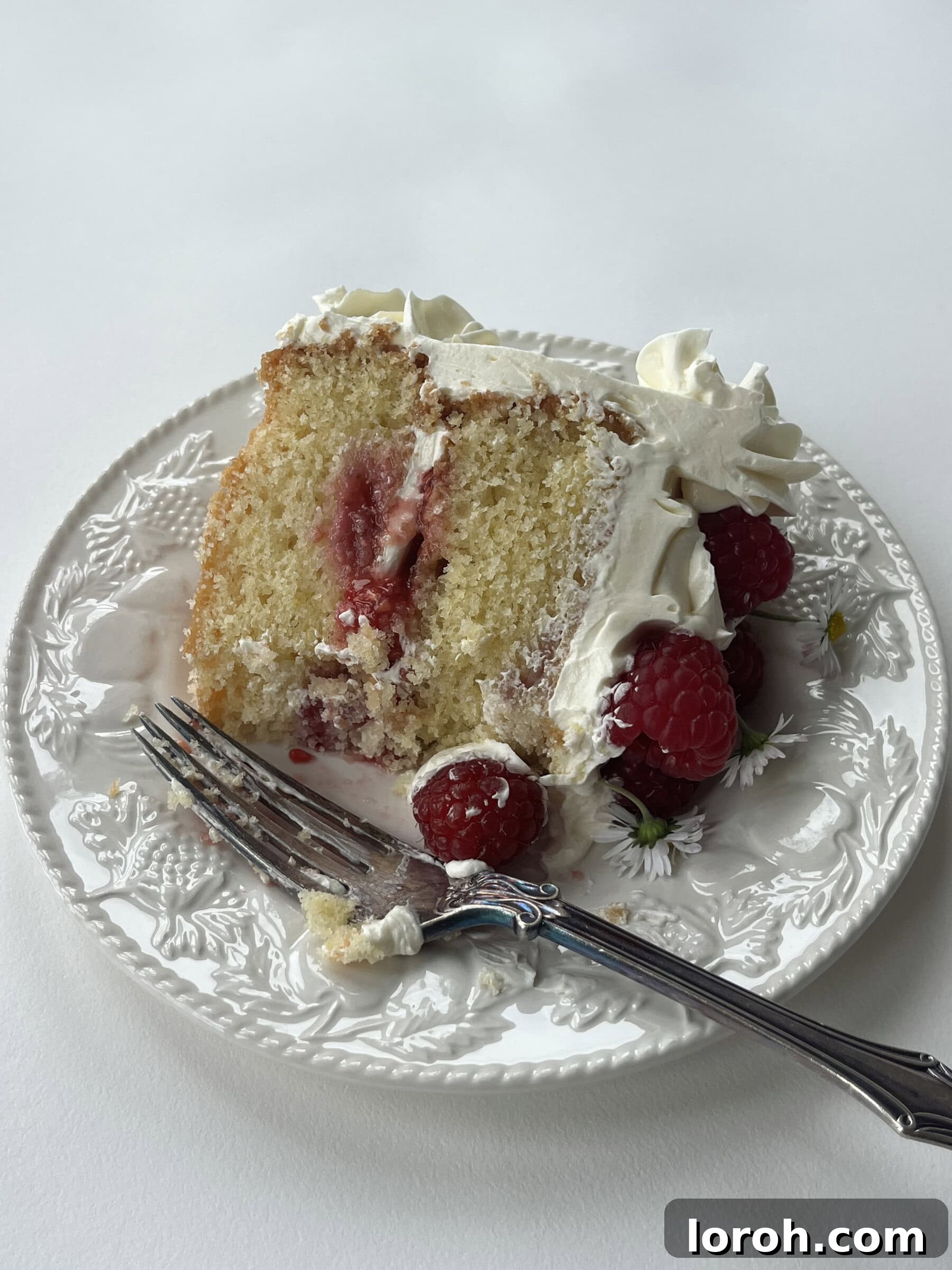 slice of white chocolate and raspberry cake.