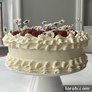 white chocolate raspberry cake on a white cake stand.