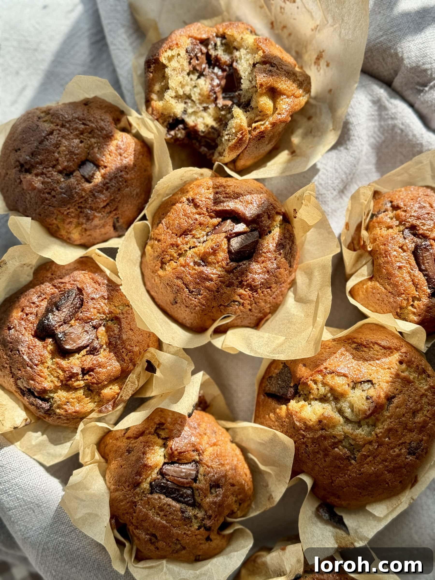 Close-up shot of two banana chocolate chunk muffins, highlighting their golden tops and soft interior.