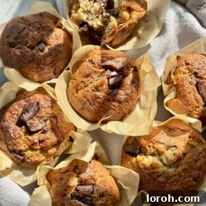 Beautifully golden banana chocolate chunk muffins.