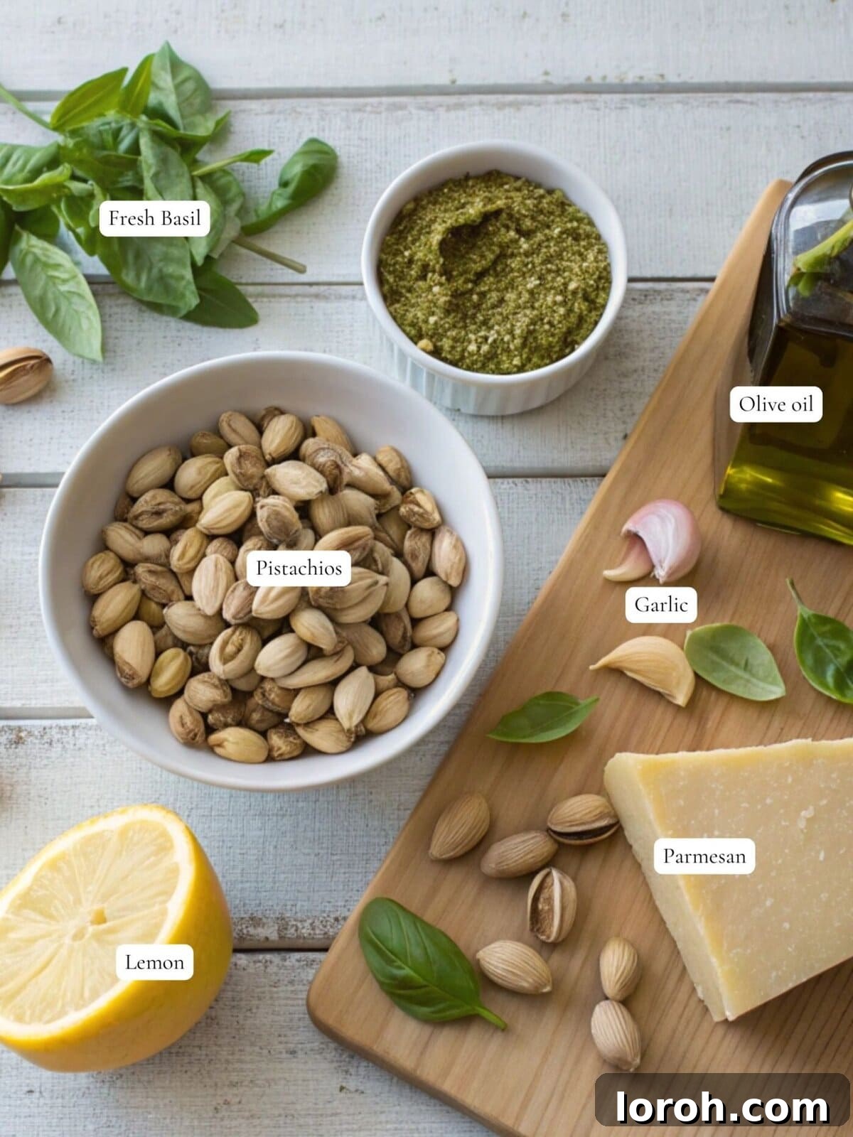 Emerald Pistachio Pesto 3 Ingredients for Pistachio Pesto spread on a counter, including pistachios, basil, parmesan, olive oil, and lemon.