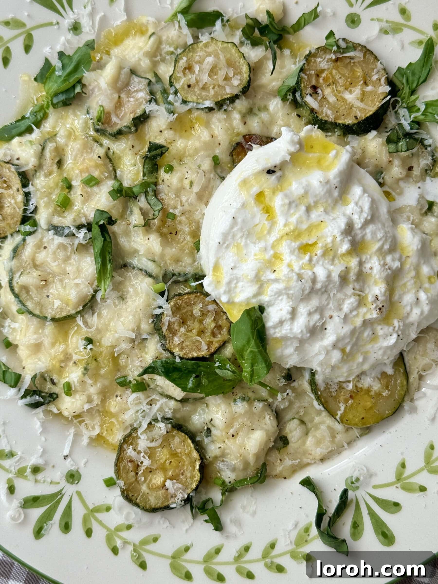 Creamy Zucchini Risotto 2 close up of creamy zucchini risotto with burrata topping