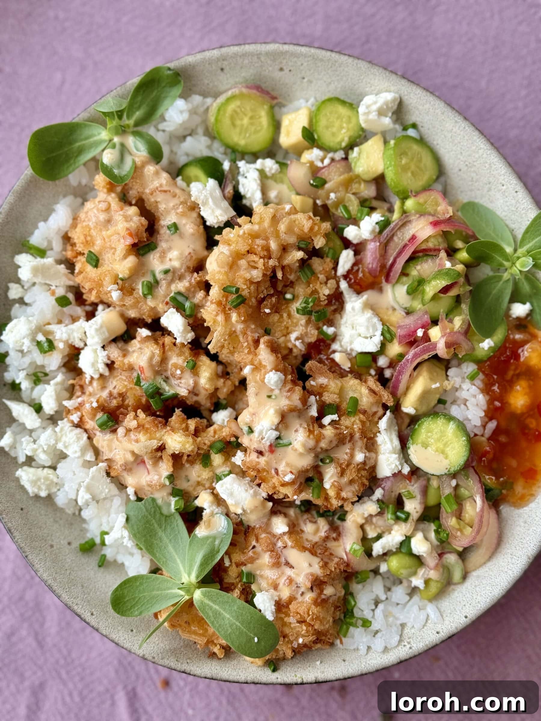 Golden Panko Shrimp Rice Bowl 2 panko brown rice bowl with cucumber and herbs