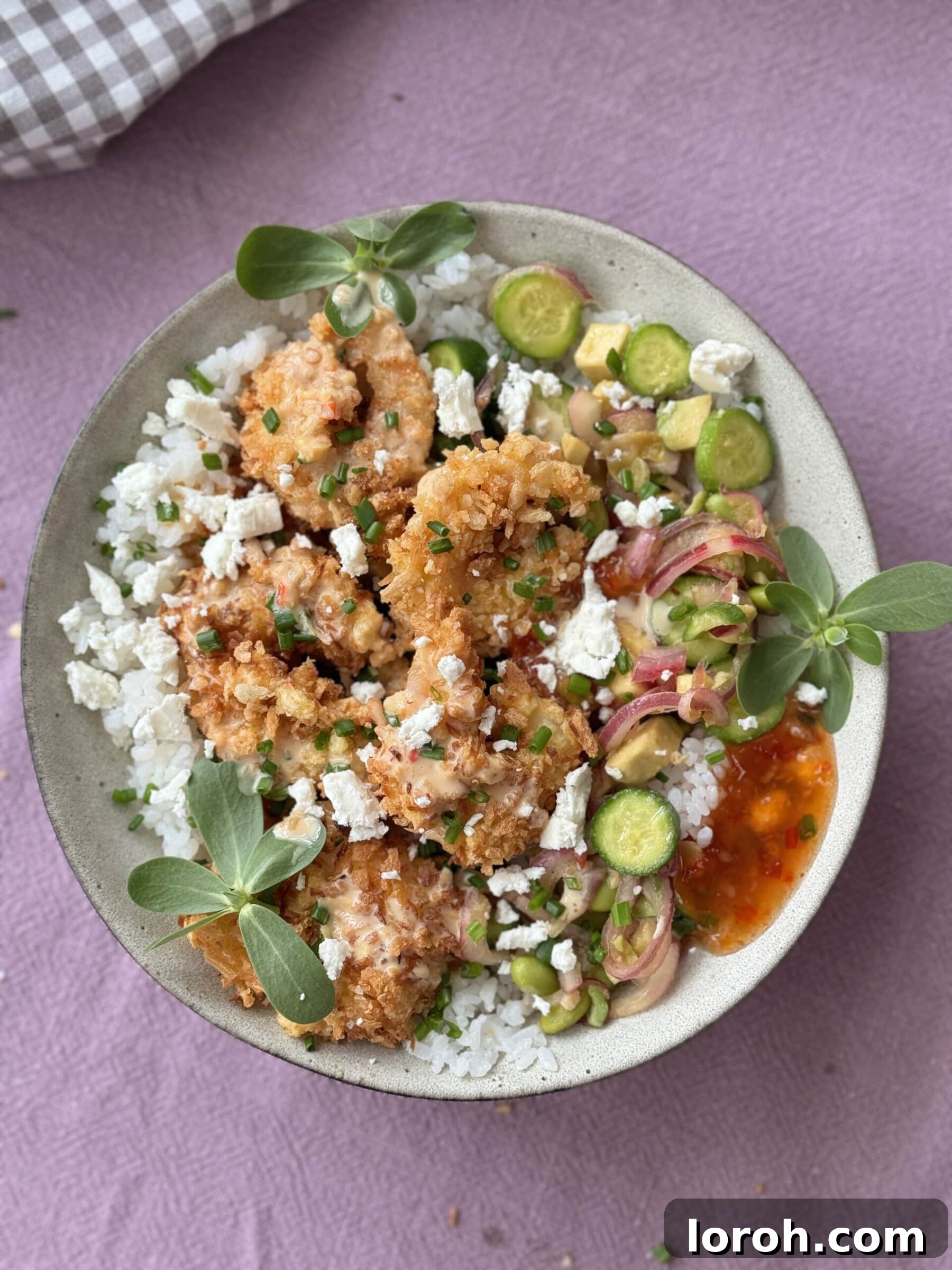 Golden Panko Shrimp Rice Bowl 12 panko brown rice bowl with cucumber and herbs