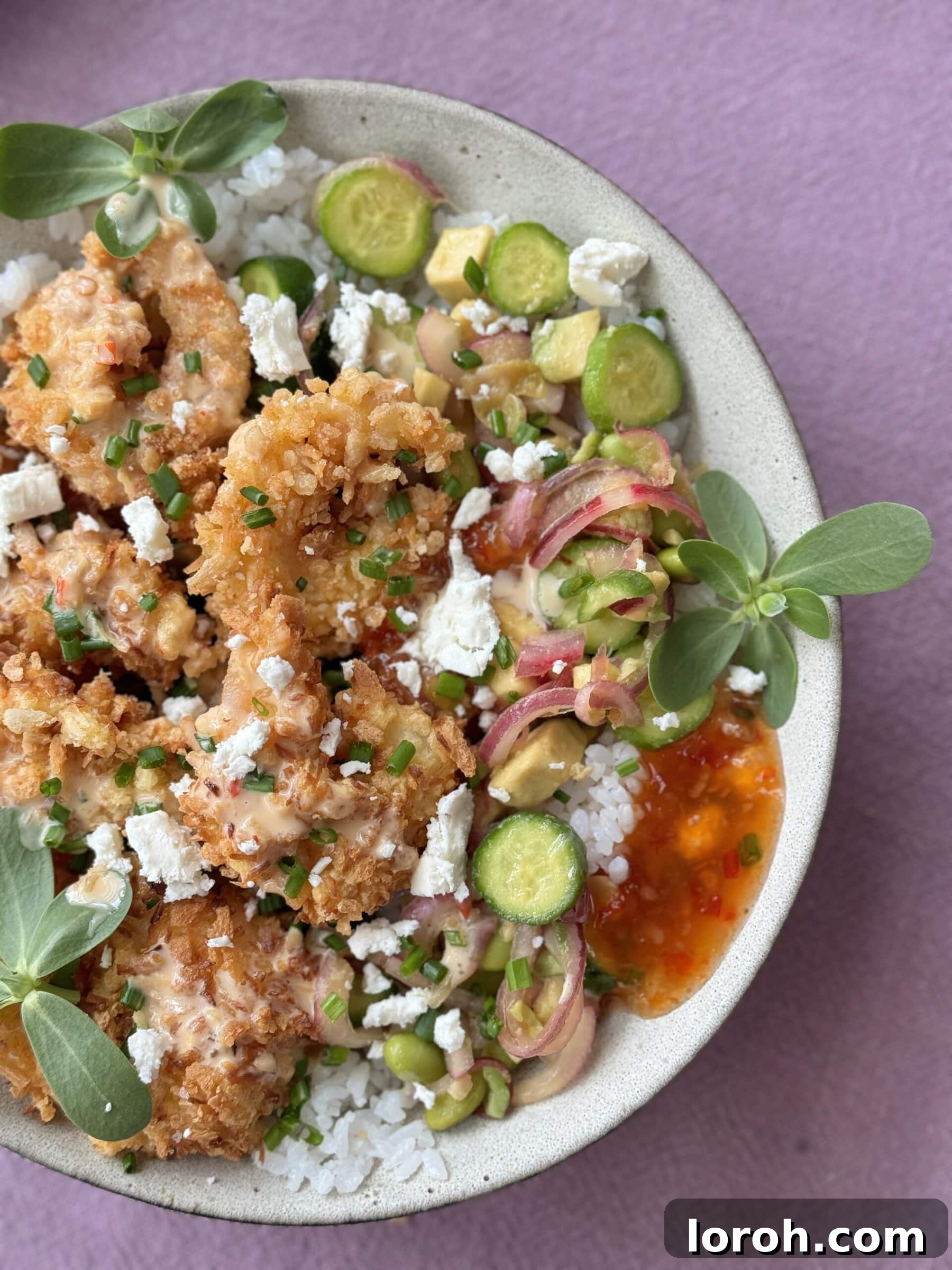 Golden Panko Shrimp Rice Bowl 3 panko brown rice bowl with cucumber and herbs