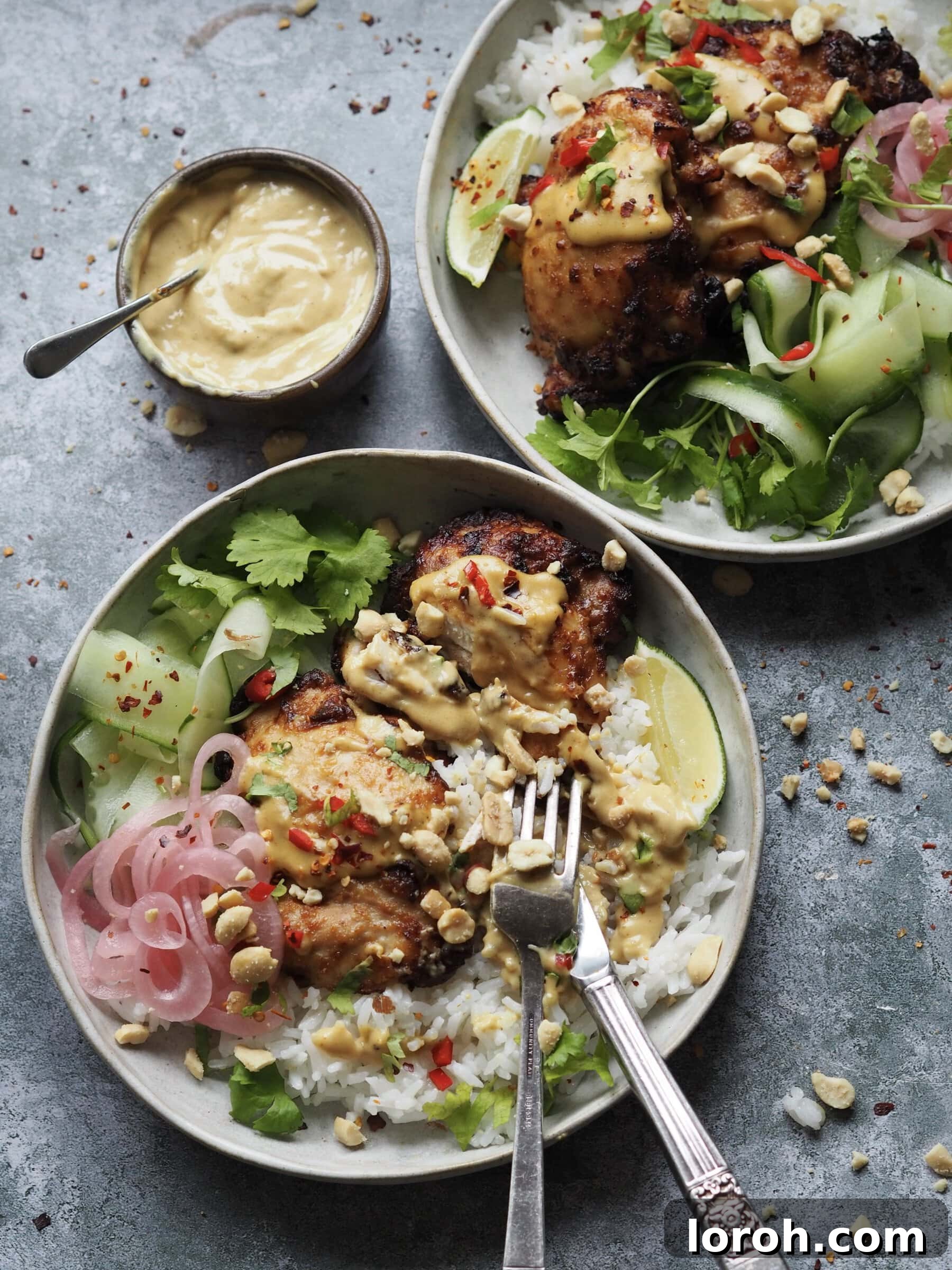 Chicken Satay Rice Bowls, a colorful and healthy meal option