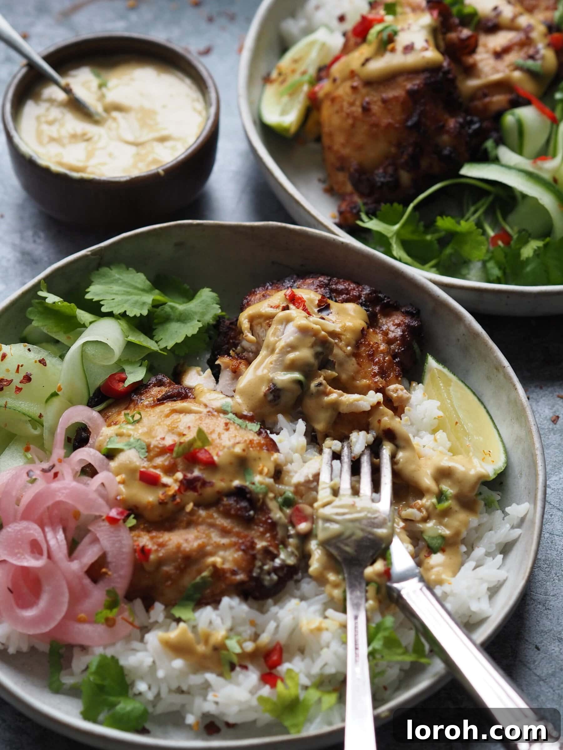 A top-down view of Chicken Satay Rice Bowls, artfully garnished
