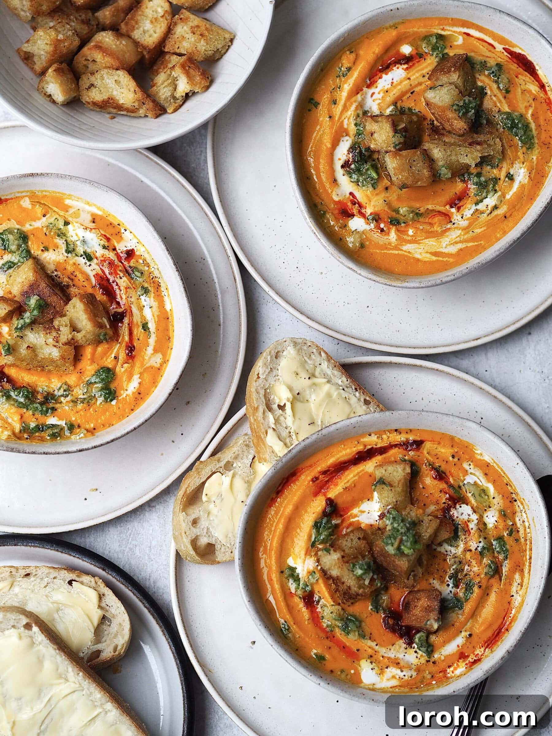 Smoky Harissa Carrot Velouté 4 Grey bowls of roasted carrot and harissa soup topped with croutons and carrot top pesto.