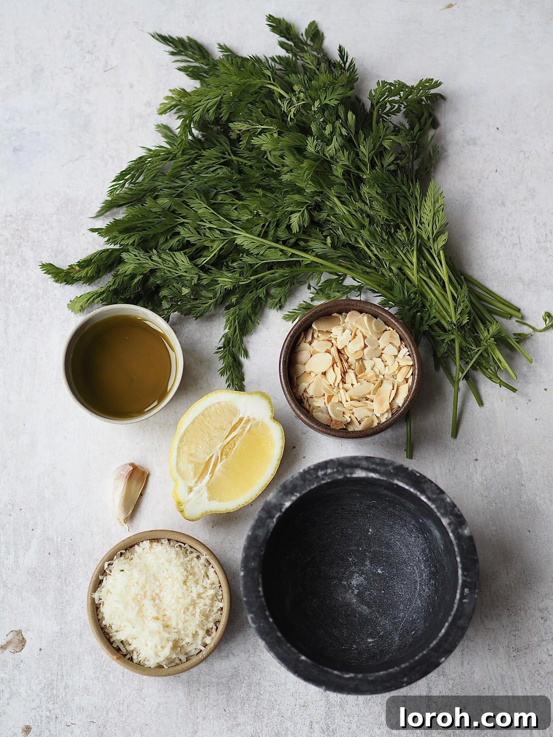 Smoky Harissa Carrot Velouté 9 Ingredients to make carrot top pesto on a grey countertop.