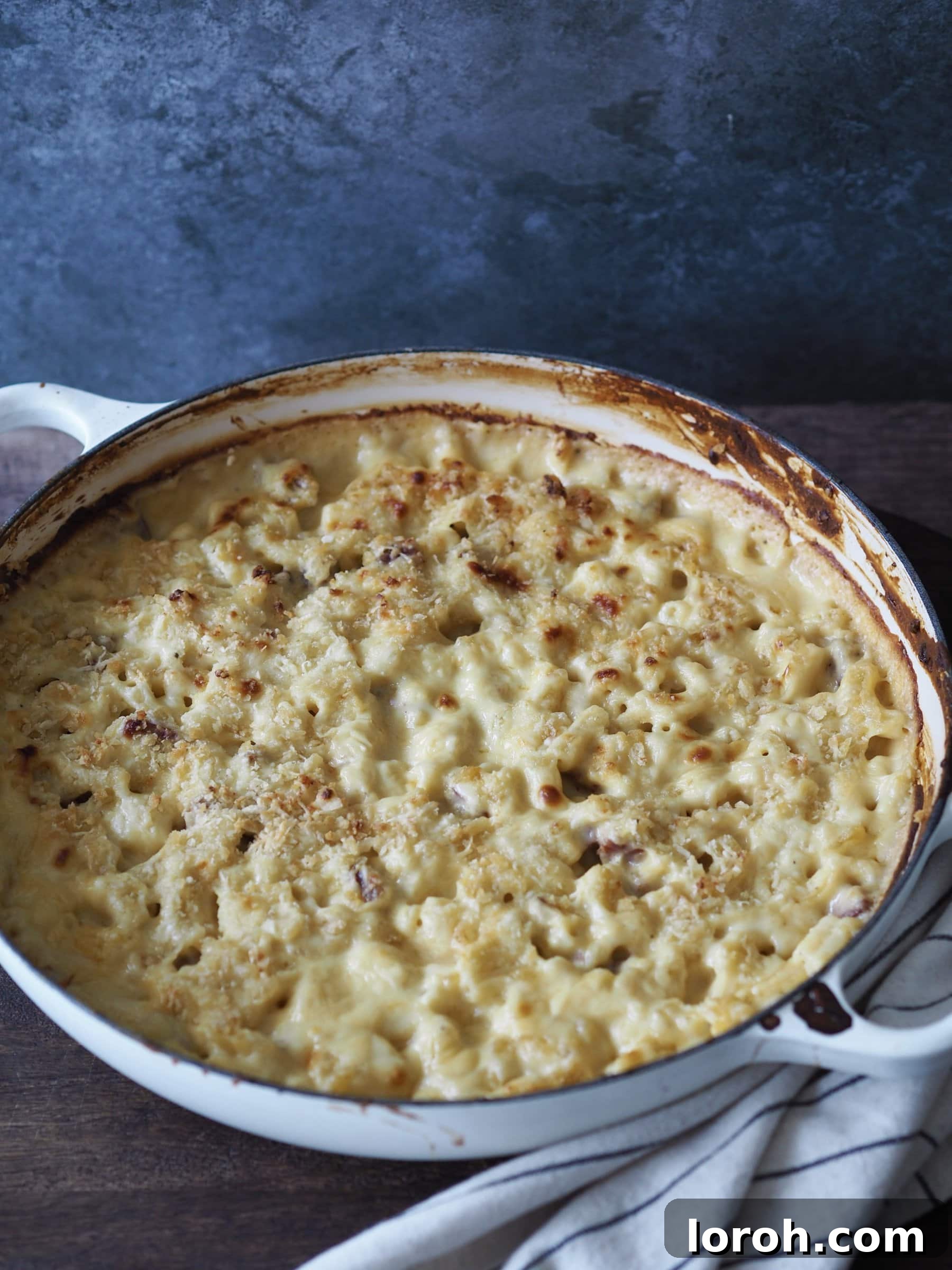 Decadent Gouda Mac and Cheese 12 Full pan of baked Gouda Mac and Cheese with a golden, crisp chorizo and breadcrumb topping.