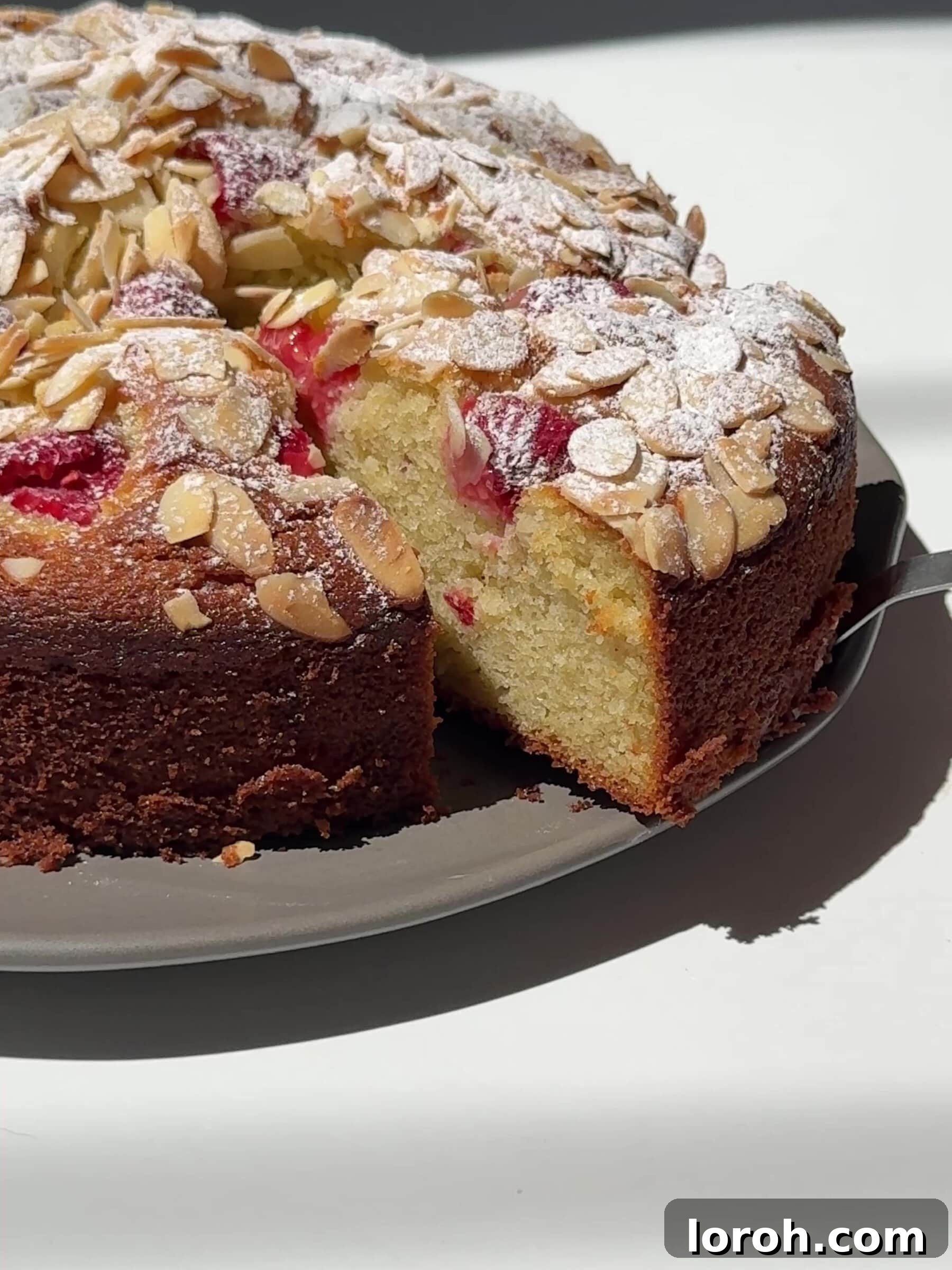 Divine Raspberry Almond Ricotta Cake 4 A slice of Raspberry, Almond and Ricotta Cake on a white plate, ready to be enjoyed.