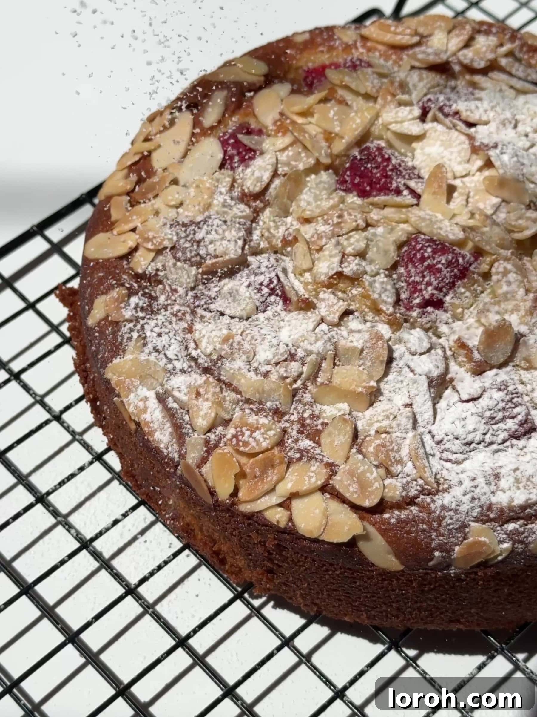 Divine Raspberry Almond Ricotta Cake 10 A baked Raspberry, Almond and Ricotta Cake cooling on a wire rack.