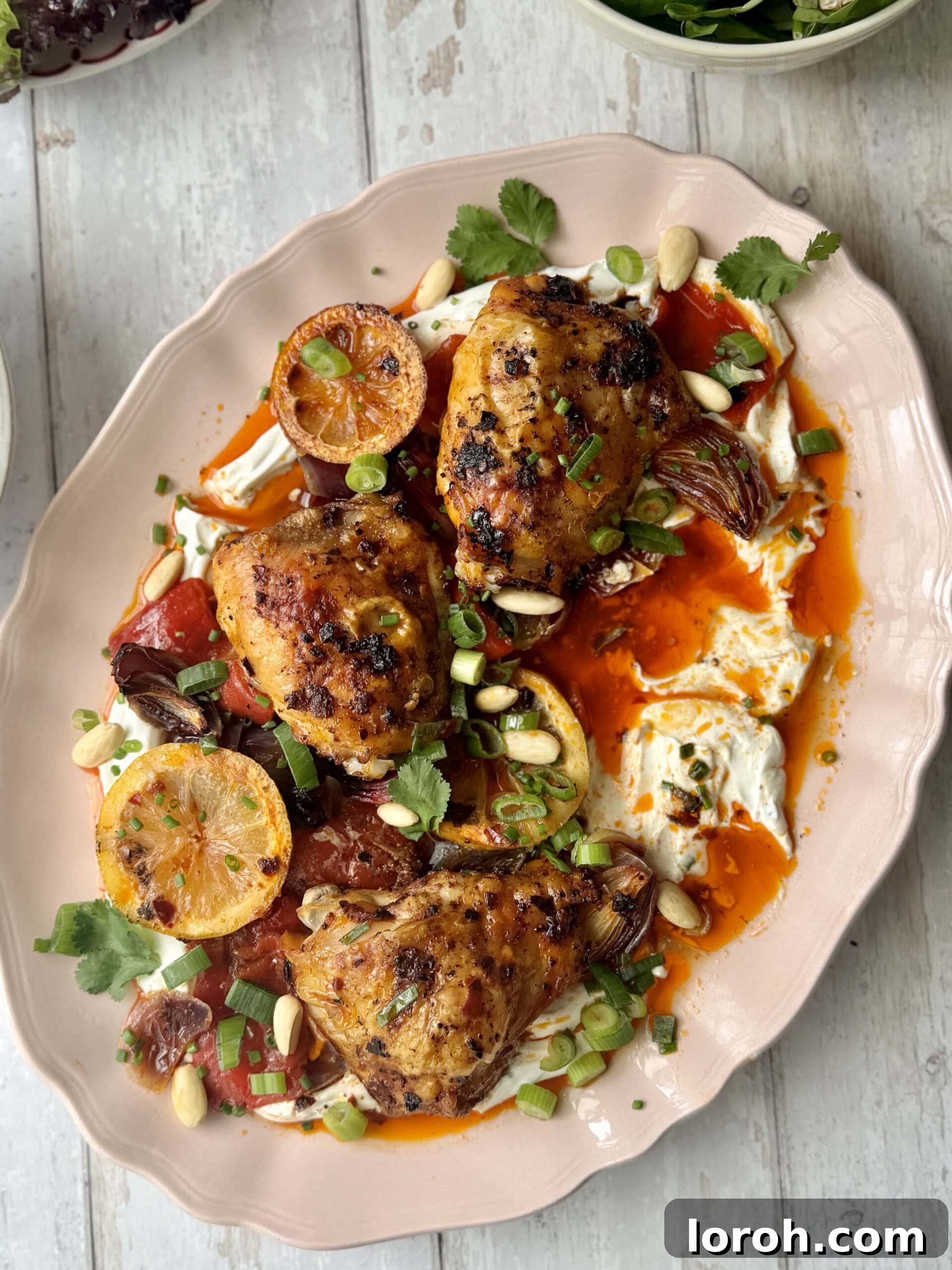 Harissa Chicken with Labneh, Roasted Red Peppers and Red Onion on a serving platter