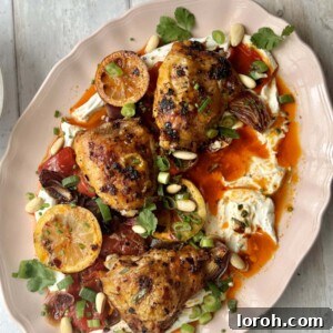 Harissa chicken on platter with labneh