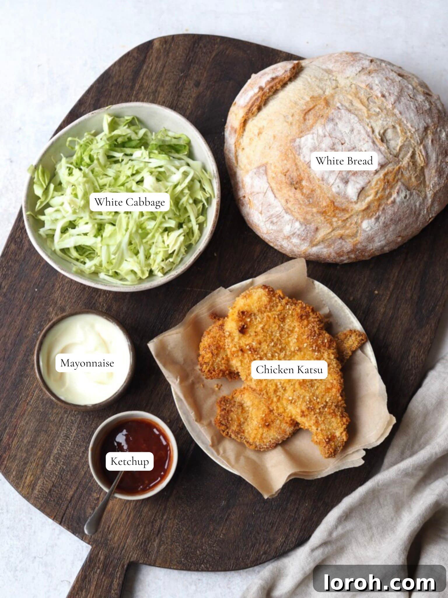 Crispy Katsu Sando 3 Labeled components of a Chicken Katsu Sandwich: crispy chicken, cabbage, tonkatsu sauce, Kewpie mayo, bread.