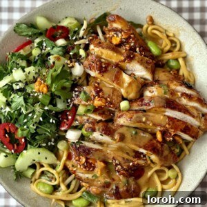 Chicken Noodle Bowl with gingham tablecloth for recipe card