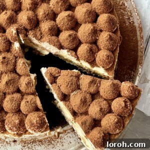 Overhead shot of a slice removed from a decadent Tiramisu Cheesecake, showcasing its rich layers of brownie, cheesecake, and coffee-soaked ladyfingers.