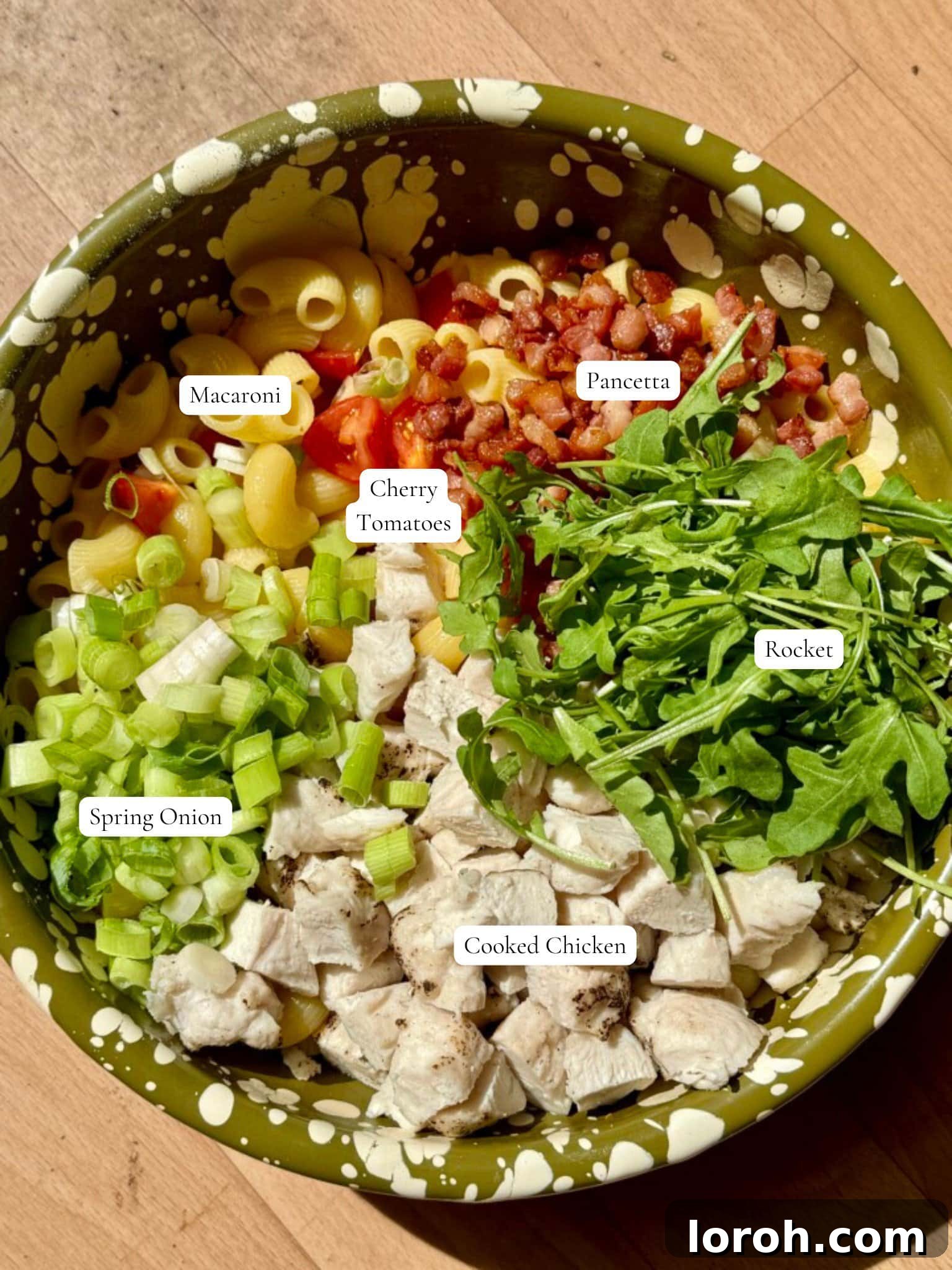 Creamy Chicken Macaroni Delight 4 labelled ingredients for chicken macaroni pasta salad