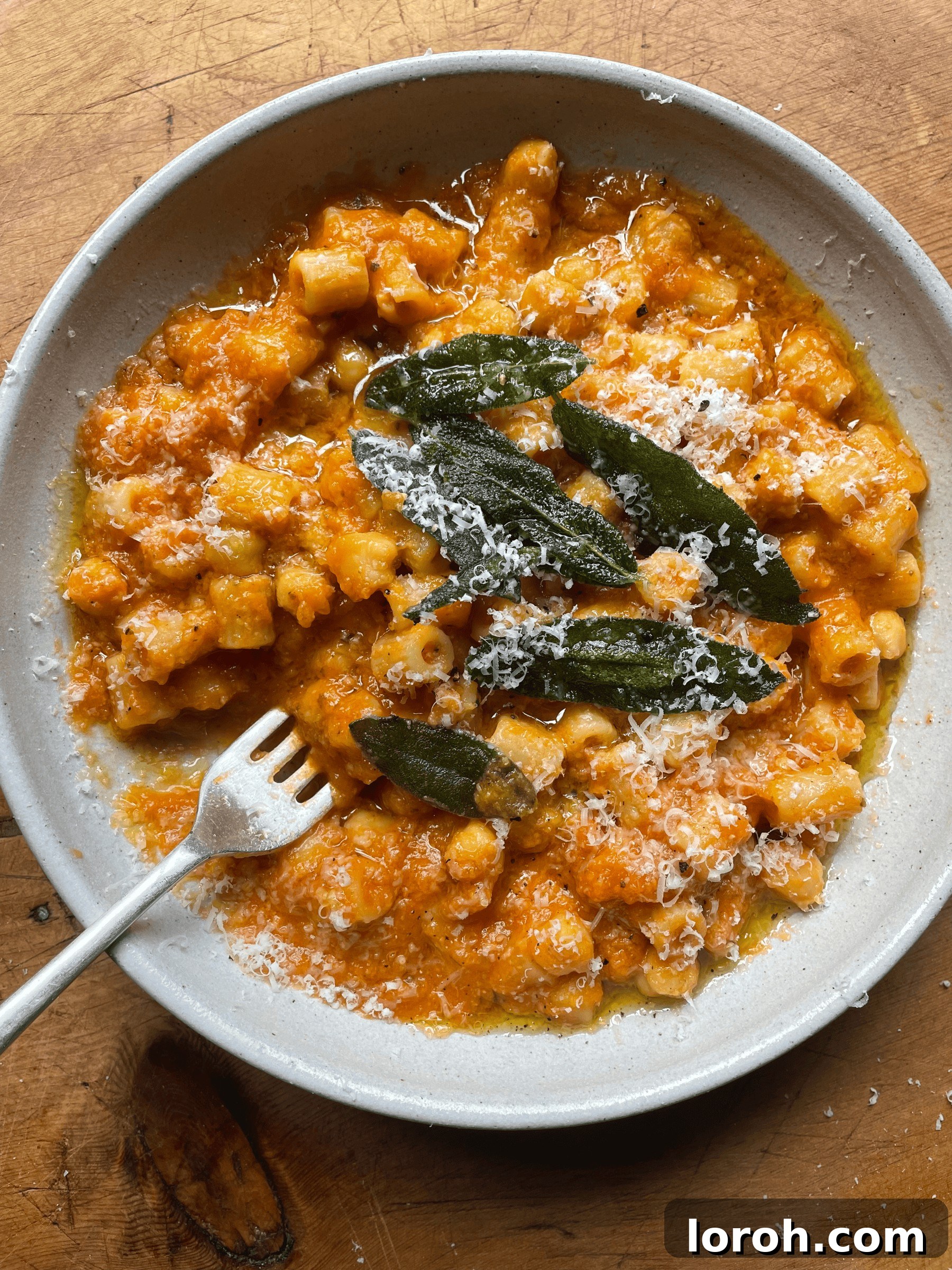 Chickpea Pasta in a bowl with crispy sage and Parmesan