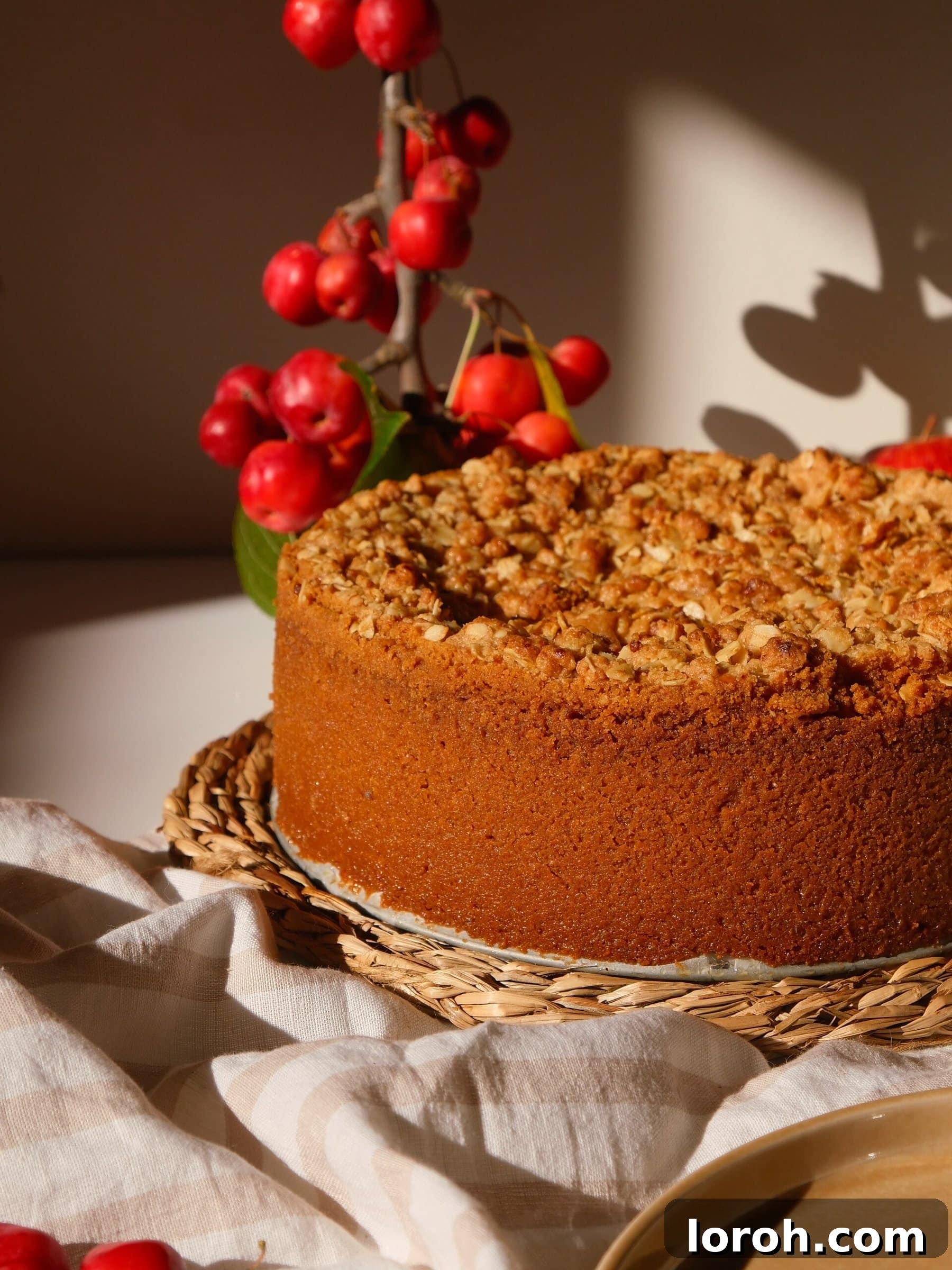 A generous slice of Apple Crumble Cheesecake on a white plate, ready to be enjoyed.
